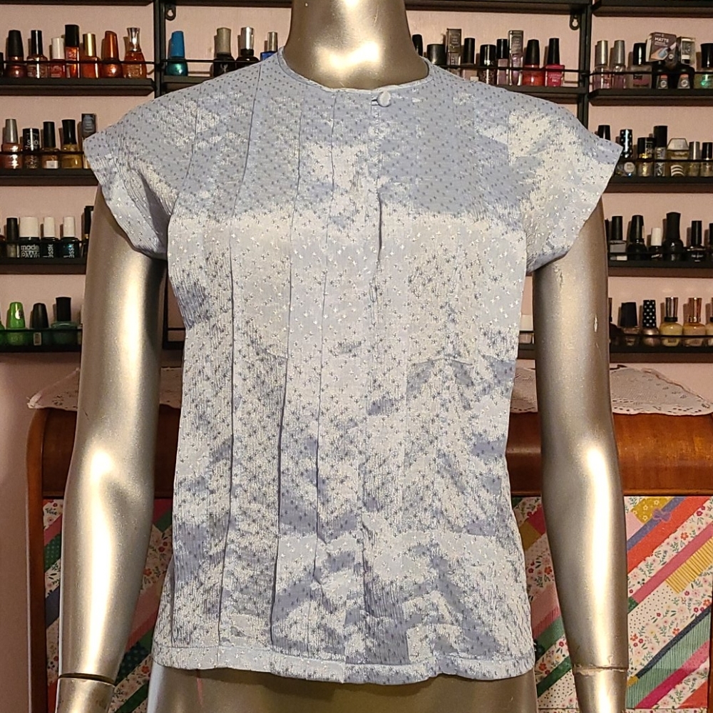 Virgo Fashion light baby blue silver blouse top kawaii shimmer buttoned shirt